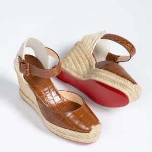 Christian Louboutin Amelina 90 Biscotto Brown Croc-Embossed Espadrille Wedge